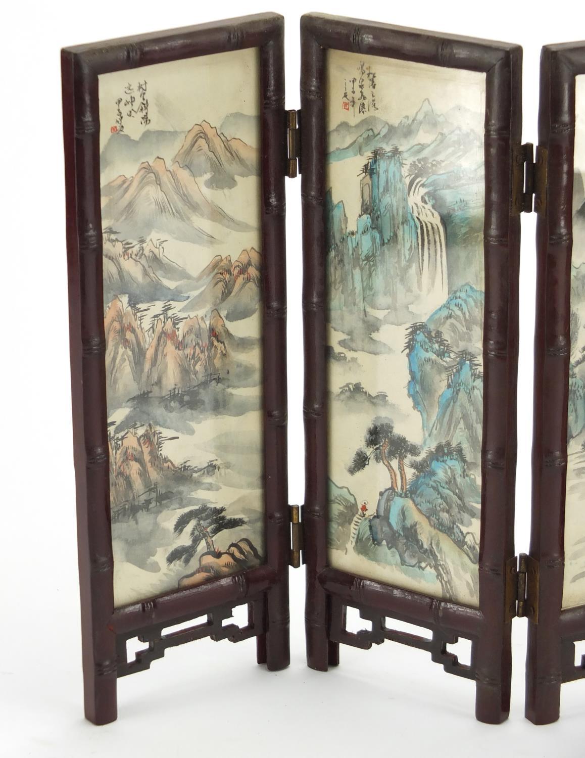 Oriental four fold screen, each panel hand painted with birds of Paradise and a river landscape, - Image 2 of 4