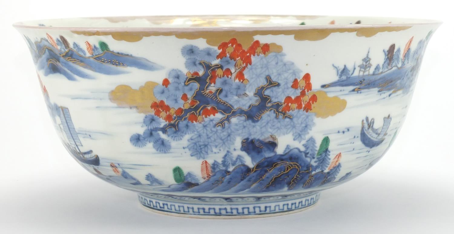 Japanese porcelain bowl, hand painted to the exterior and interior with a traditional continuous - Image 3 of 8