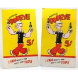 Pair of vintage drink Popeye advertising signs, I Yam What I Yam and I Yam Tops, each 43cm x