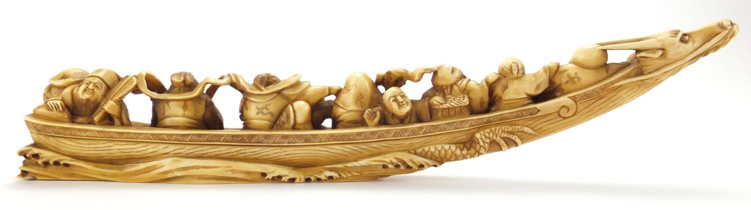 Chinese carved ivory okimono of eight figures in a dragon boat, character marks to the base : For - Image 5 of 10