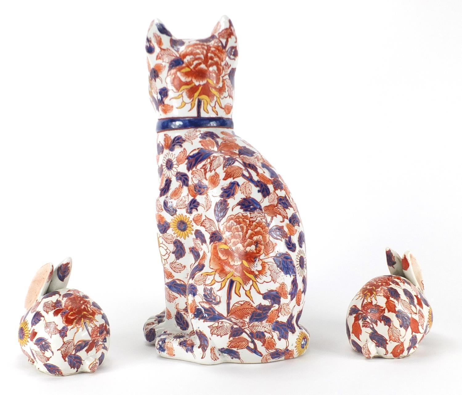 Japanese Imari cat and pair of rabbits, character marks to the bases, the largest 35cm high : For - Image 4 of 6