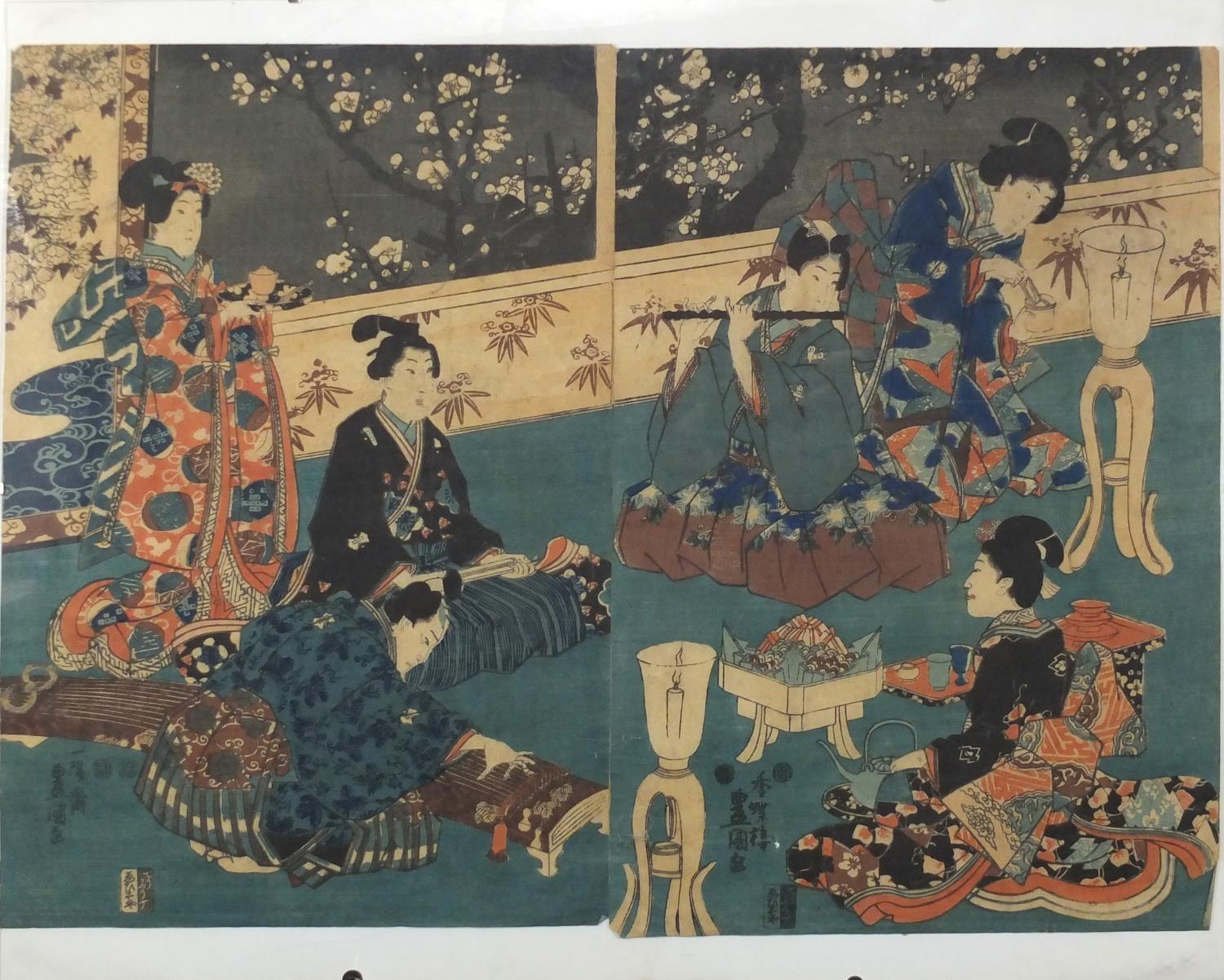 19th century Japanese woodblock diptych, depicting musicians and Geisha's, with character marks, - Image 2 of 5
