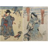 Two 19th century Japanese woodblock prints, depicting a lady in carp kimono feeding a cockerel and a