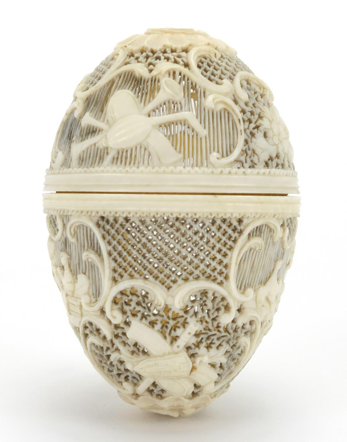 19th century European ivory trinket, finely pierced and carved with Cupids and flowers amongst C - Image 6 of 8