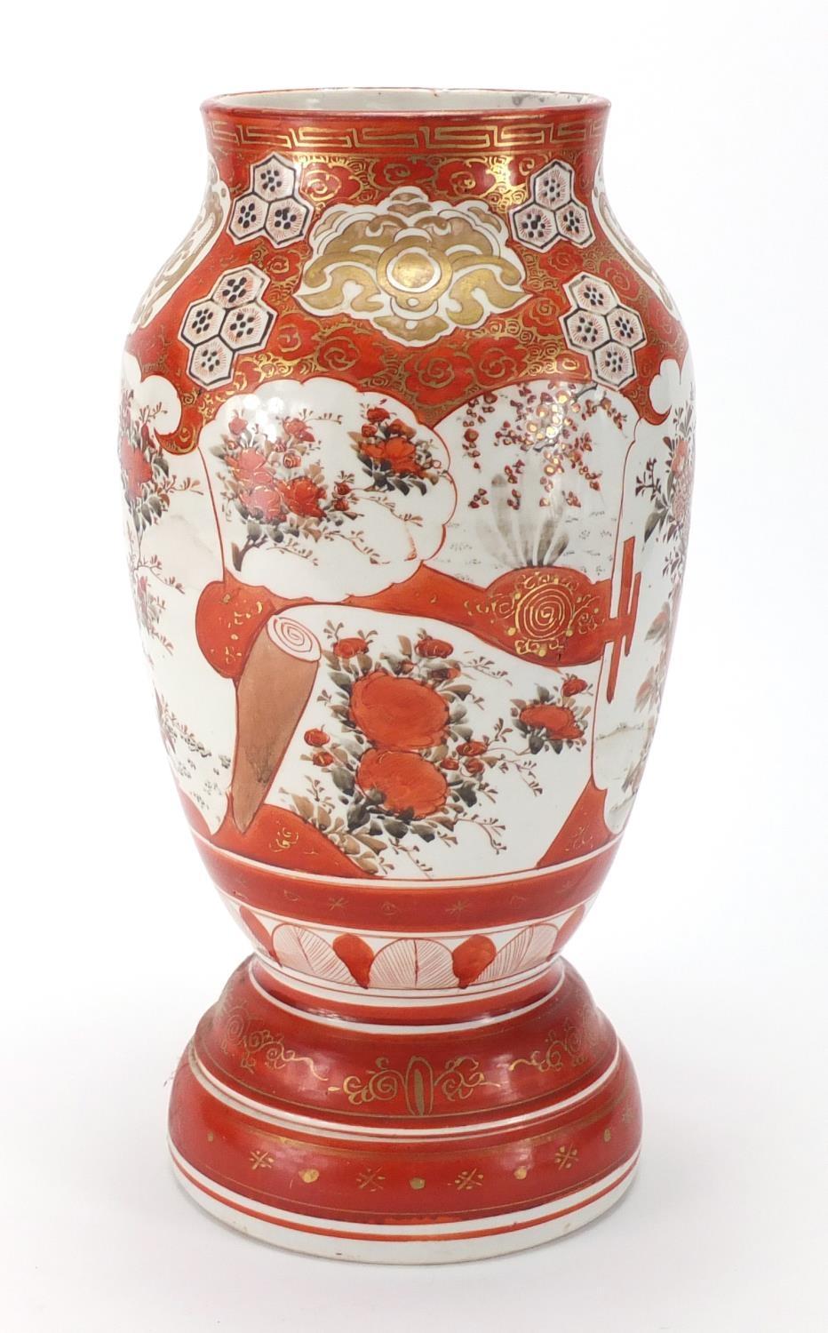 Japanese Kutani porcelain vase, hand painted and gilded with panels of flowers, character marks to - Image 4 of 6