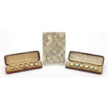 Rectangular Victorian Mother of Pearl and Abalone calling card case, together with two sets of six