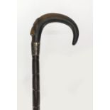 Horn handed bamboo walking stick with silver collar, possibly rhino horn, 87cm in length : For