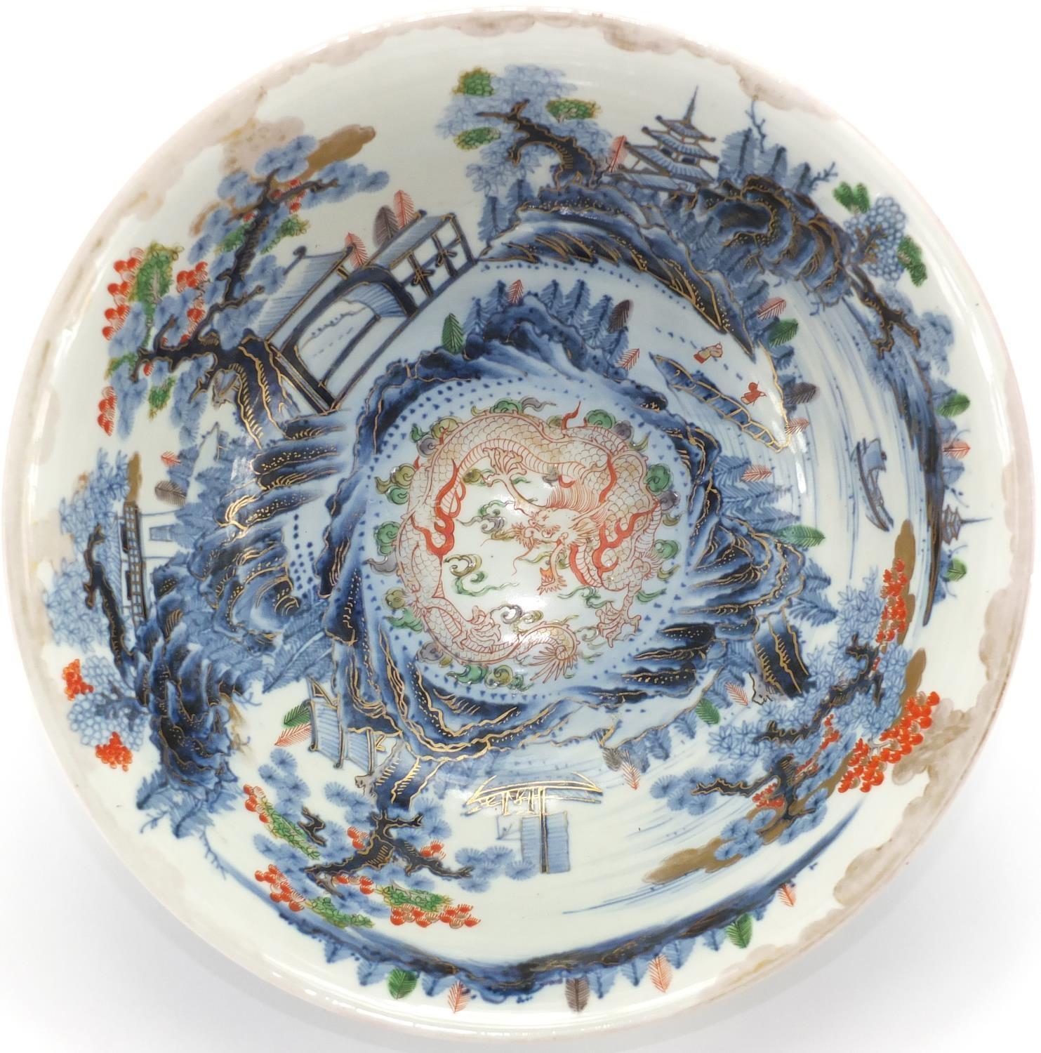 Japanese porcelain bowl, hand painted to the exterior and interior with a traditional continuous - Image 4 of 8