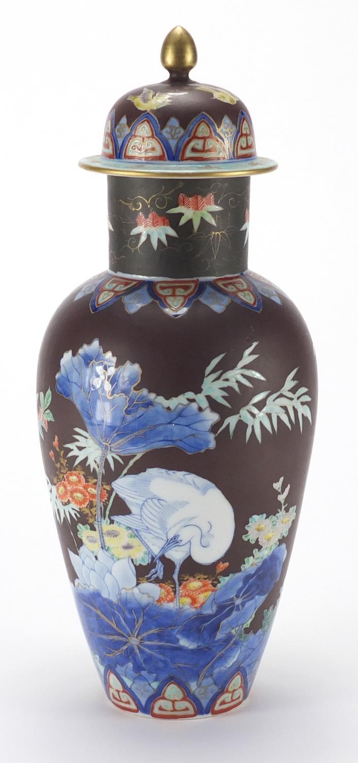 Japanese Koransha vase and cover, hand painted with two Egrets amongst flowers, painted marks to the - Image 3 of 6