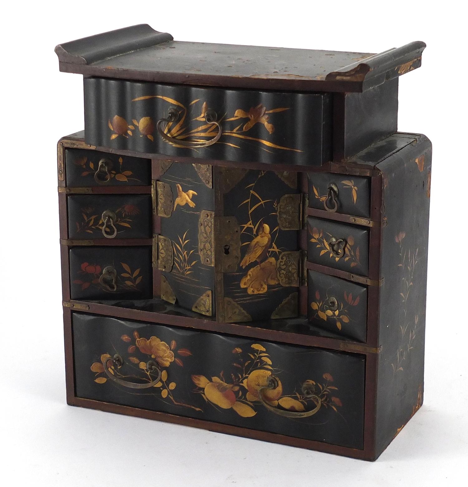 Japanese black lacquered jewellery chest, hand gilded with birds and flowers, 25cm high : For