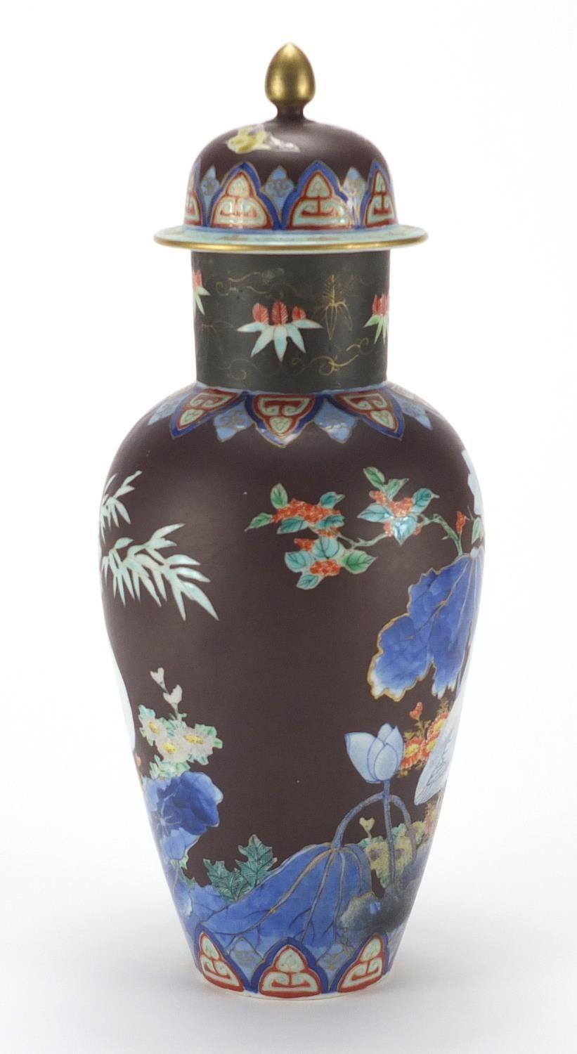 Japanese Koransha vase and cover, hand painted with two Egrets amongst flowers, painted marks to the - Image 4 of 6