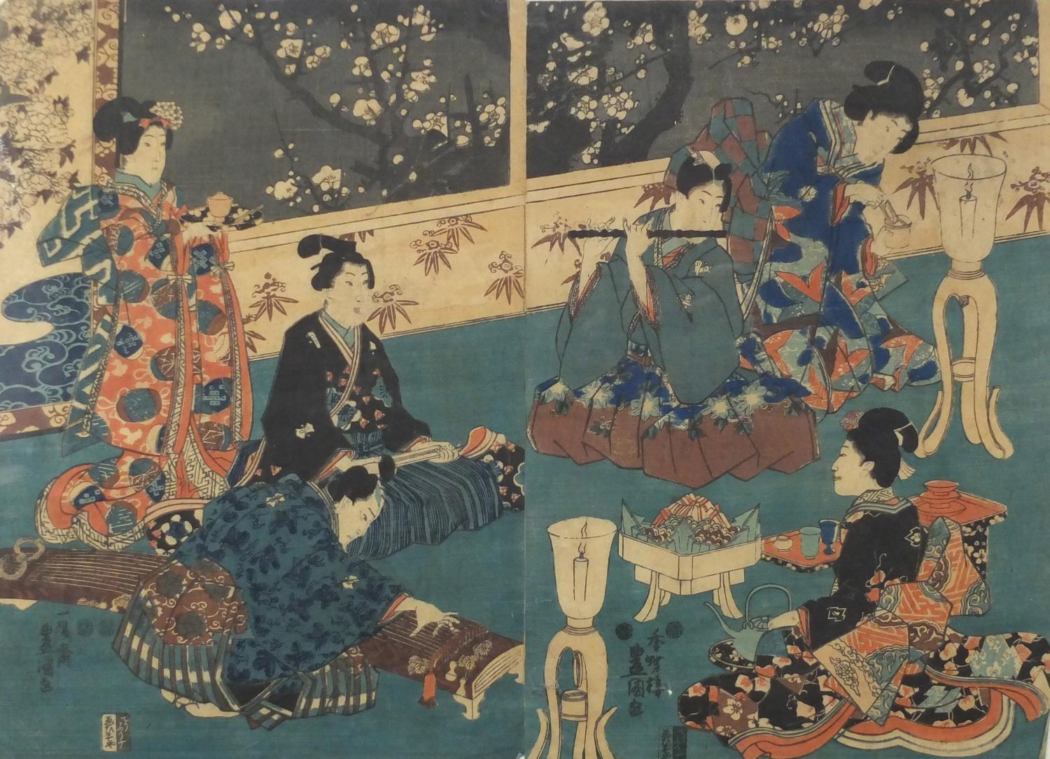 19th century Japanese woodblock diptych, depicting musicians and Geisha's, with character marks,