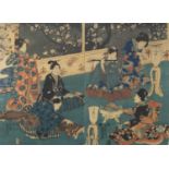19th century Japanese woodblock diptych, depicting musicians and Geisha's, with character marks,