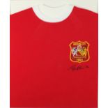 Manchester United 1963 football jersey, signed by Sir Bobby Charlton, mounted and framed, 48.5cm x