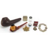 Antique and later objects including an 18th century Bilston enamelled pill box and Meerschaum claw