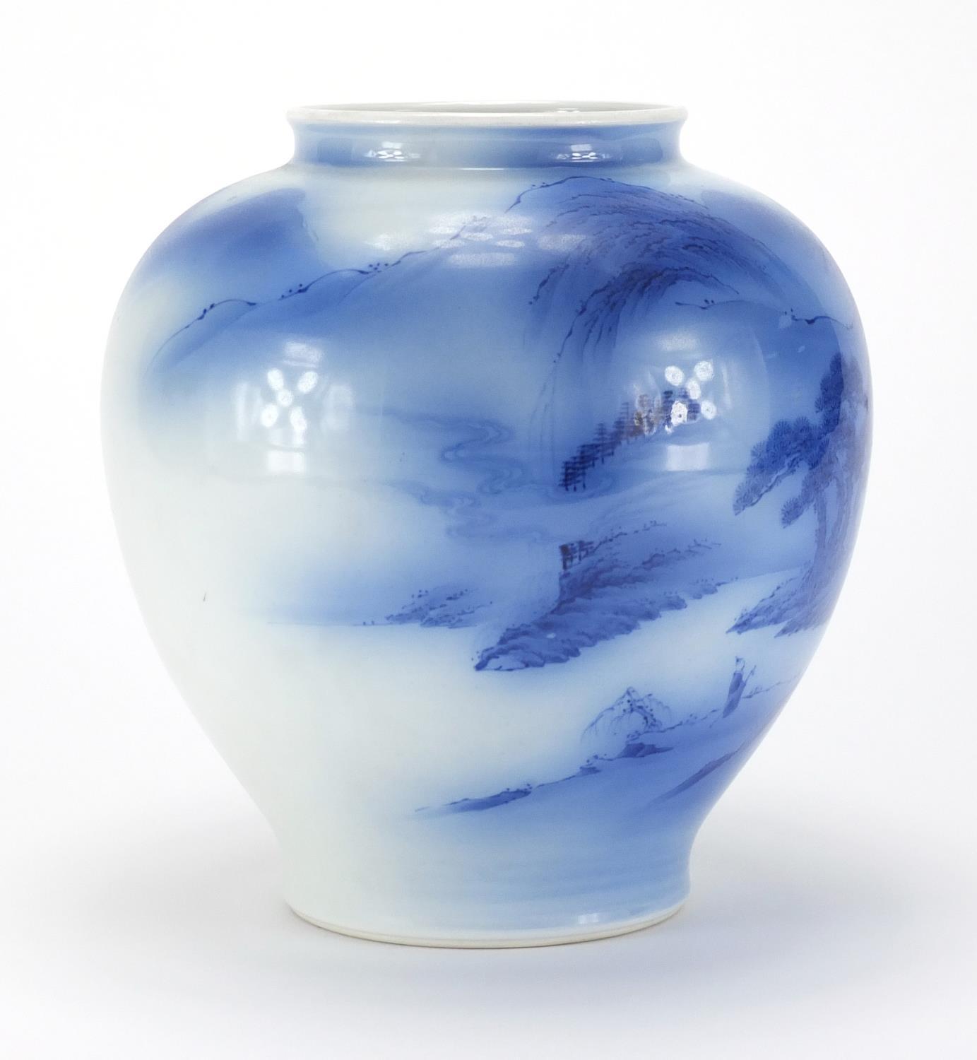 Japanese Koransha Sometsuke vase, hand painted with a figure in a landscape, factory marks to the - Image 4 of 6