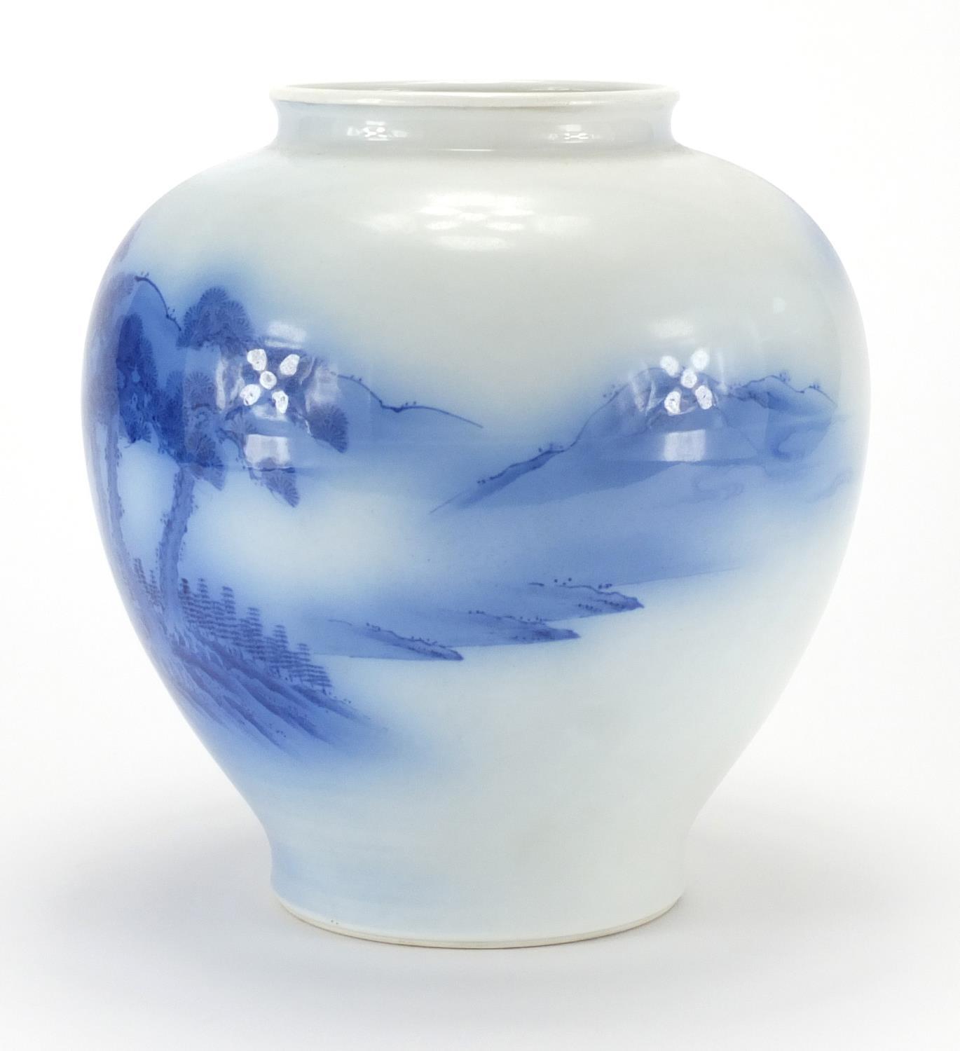 Japanese Koransha Sometsuke vase, hand painted with a figure in a landscape, factory marks to the - Image 2 of 6