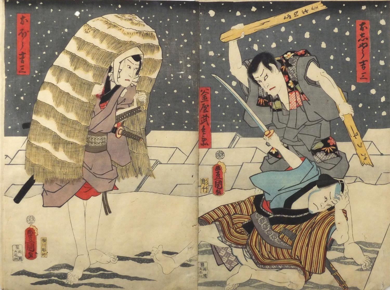 19th century Japanese woodblock diptych, depicting warriors fighting on a snowy roof top, with