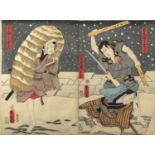 19th century Japanese woodblock diptych, depicting warriors fighting on a snowy roof top, with