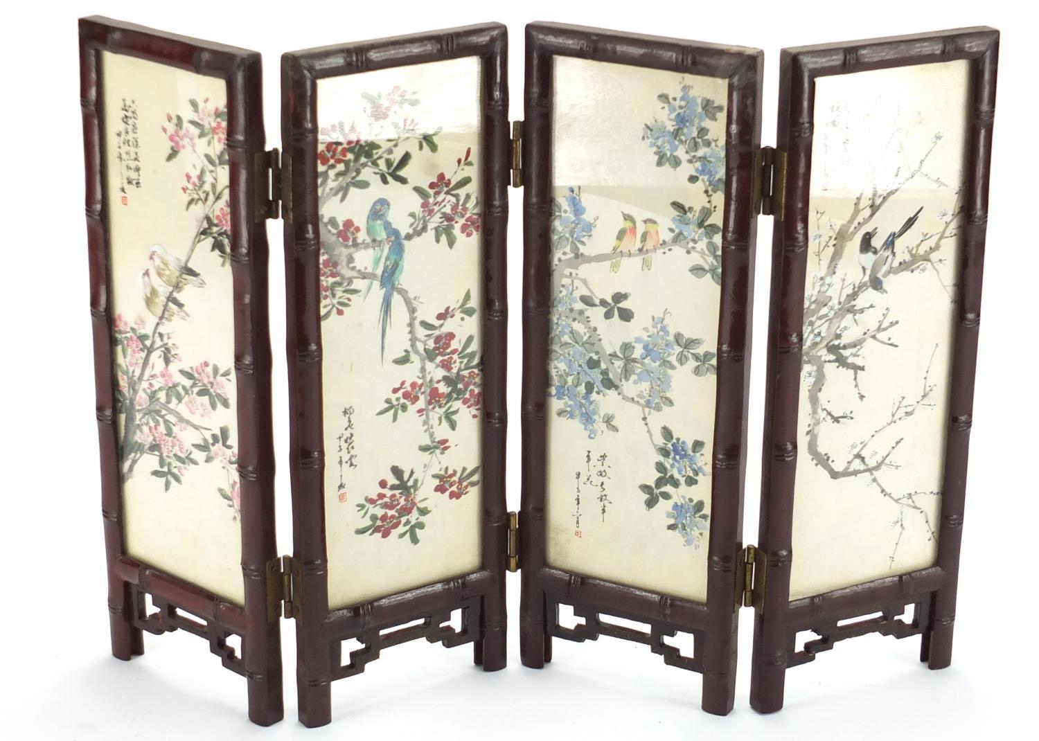 Oriental four fold screen, each panel hand painted with birds of Paradise and a river landscape, - Image 4 of 4