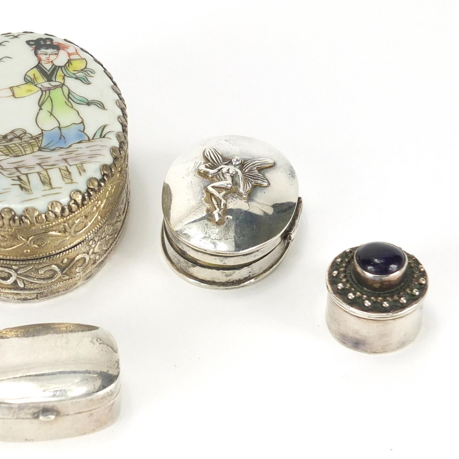 Five silver pill boxes and an Oriental silvered metal trinket, with porcelain panel, the largest 6cm - Image 3 of 5