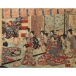19th century Japanese woodblock diptych, depicting a group of Geisha's in an interior, with
