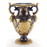 19th century cobalt blue ground vase, with twin handles, hand gilded with flowers, butterflies and