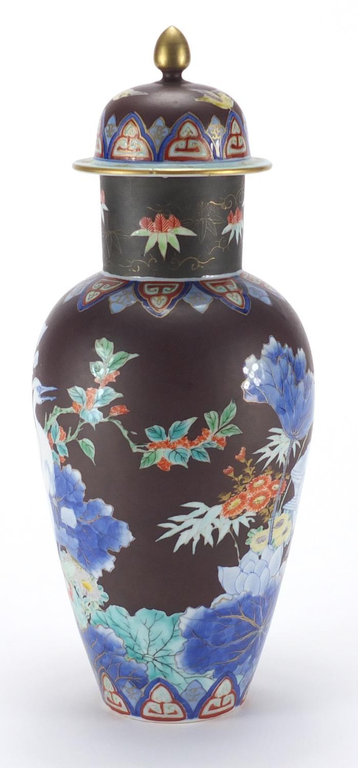 Japanese Koransha vase and cover, hand painted with two Egrets amongst flowers, painted marks to the - Image 2 of 6