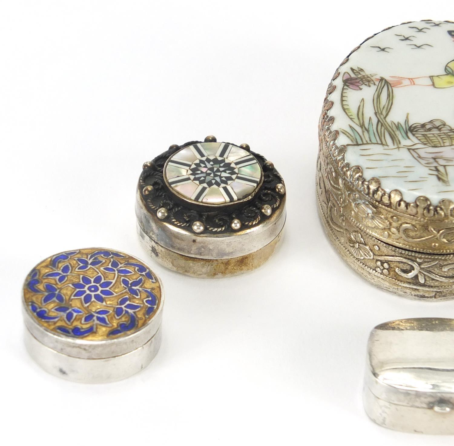 Five silver pill boxes and an Oriental silvered metal trinket, with porcelain panel, the largest 6cm - Image 2 of 5