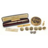 Antique and later objects including a silver Yard-O-Led propelling ball pen, set of six gilt metal