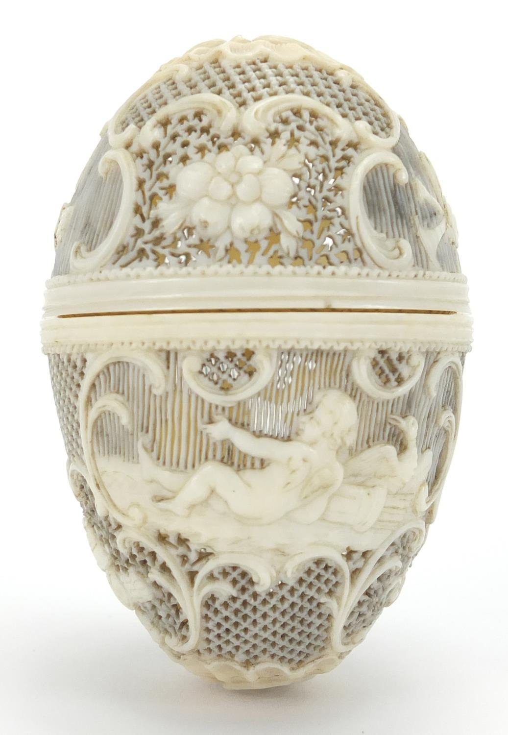 19th century European ivory trinket, finely pierced and carved with Cupids and flowers amongst C - Image 5 of 8