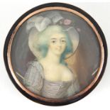 18th century circular tortoiseshell portrait snuff box with gold coloured mount, the lid hand