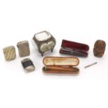 Antique and later objects including two amber coloured cheroots with fitted leather cases, four