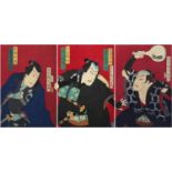 19th century Japanese woodblock triptych, depicting three Kabuki actors, with character marks,