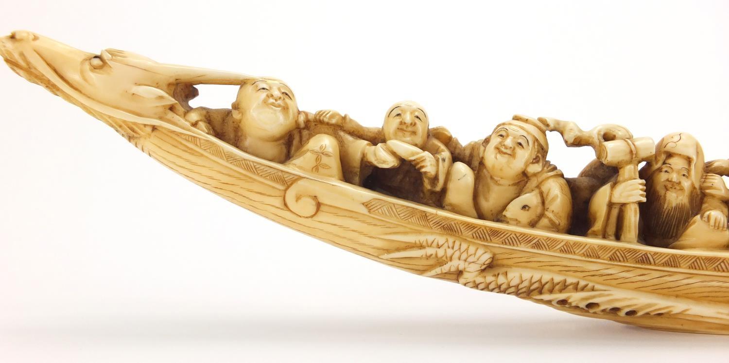 Chinese carved ivory okimono of eight figures in a dragon boat, character marks to the base : For - Image 2 of 10