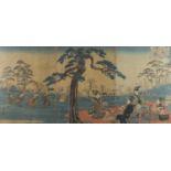19th century Japanese woodblock print triptych, depicting figures in a park, each with script,