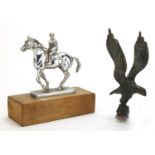 Two vintage car mascots including a chrome jockey on horseback example, the largest 17cm high :