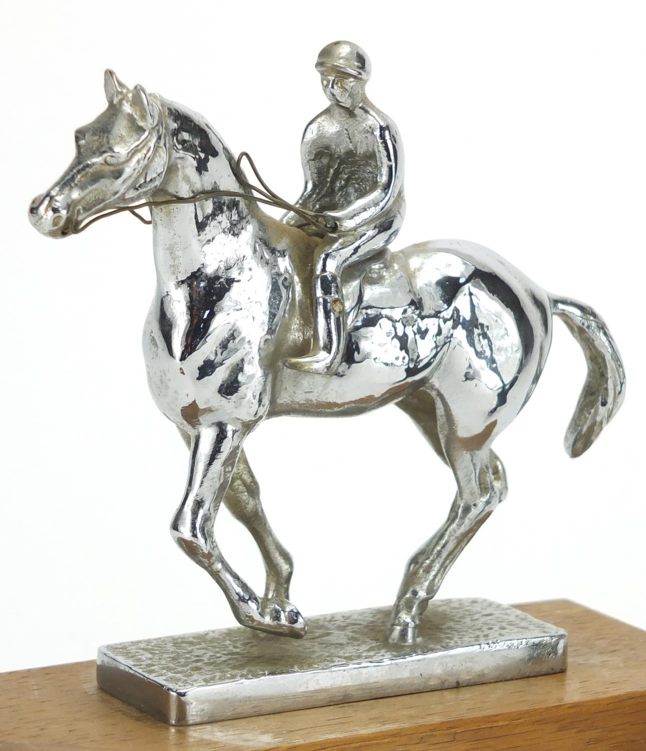 Two vintage car mascots including a chrome jockey on horseback example, the largest 17cm high : - Image 2 of 5