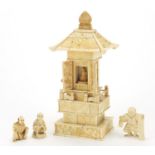 Chinese carved ivory temple and three okimono's, the largest 20cm high : For Further Condition