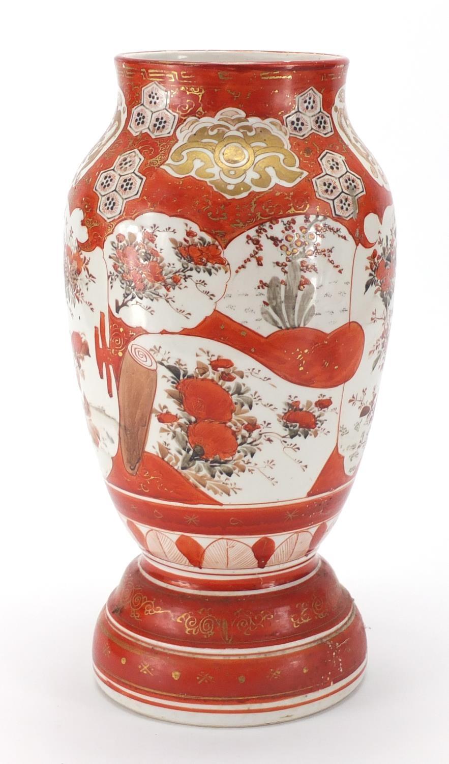 Japanese Kutani porcelain vase, hand painted and gilded with panels of flowers, character marks to - Image 2 of 6