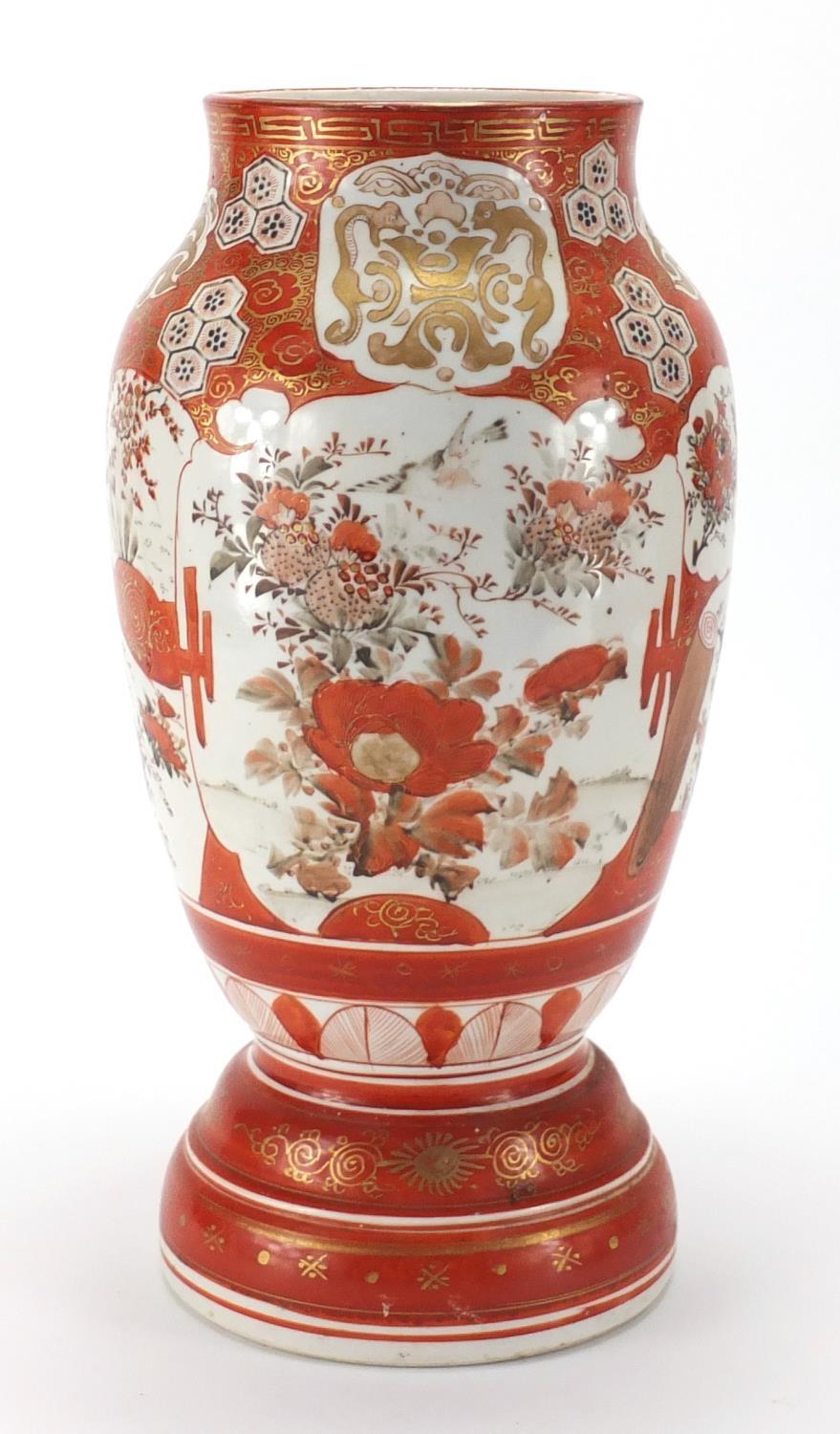 Japanese Kutani porcelain vase, hand painted and gilded with panels of flowers, character marks to