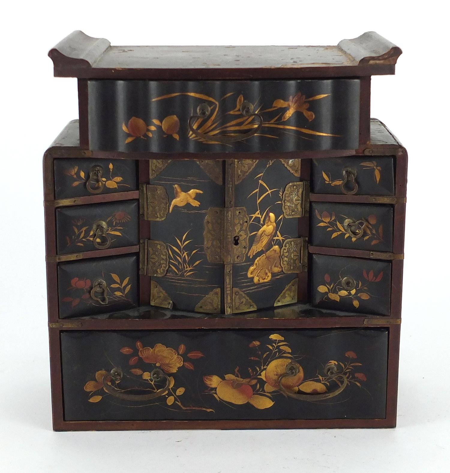 Japanese black lacquered jewellery chest, hand gilded with birds and flowers, 25cm high : For - Image 2 of 5