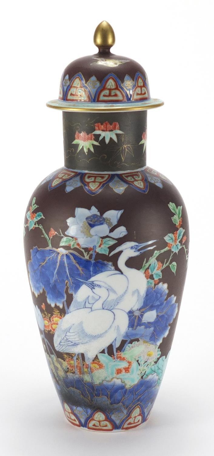 Japanese Koransha vase and cover, hand painted with two Egrets amongst flowers, painted marks to the