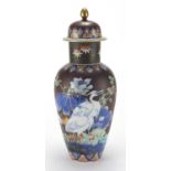 Japanese Koransha vase and cover, hand painted with two Egrets amongst flowers, painted marks to the