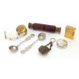 Antique and later objects comprising two Chinese silver spoons, Victorian ruby glass double ended