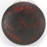 Oriental red lacquered bronze gong, with fan shaped panels of flowers, 40cm in diameter : For