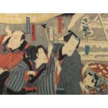 19th century Japanese woodblock diptych, depicting a family before snow, with character marks,