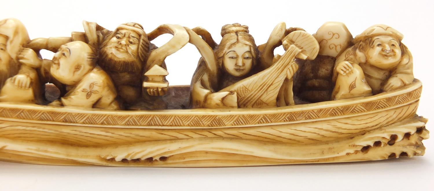 Chinese carved ivory okimono of eight figures in a dragon boat, character marks to the base : For - Image 3 of 10