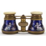 19th century French Mother of Pearl and brass opera glasses, the blue enamelled barrels hand painted