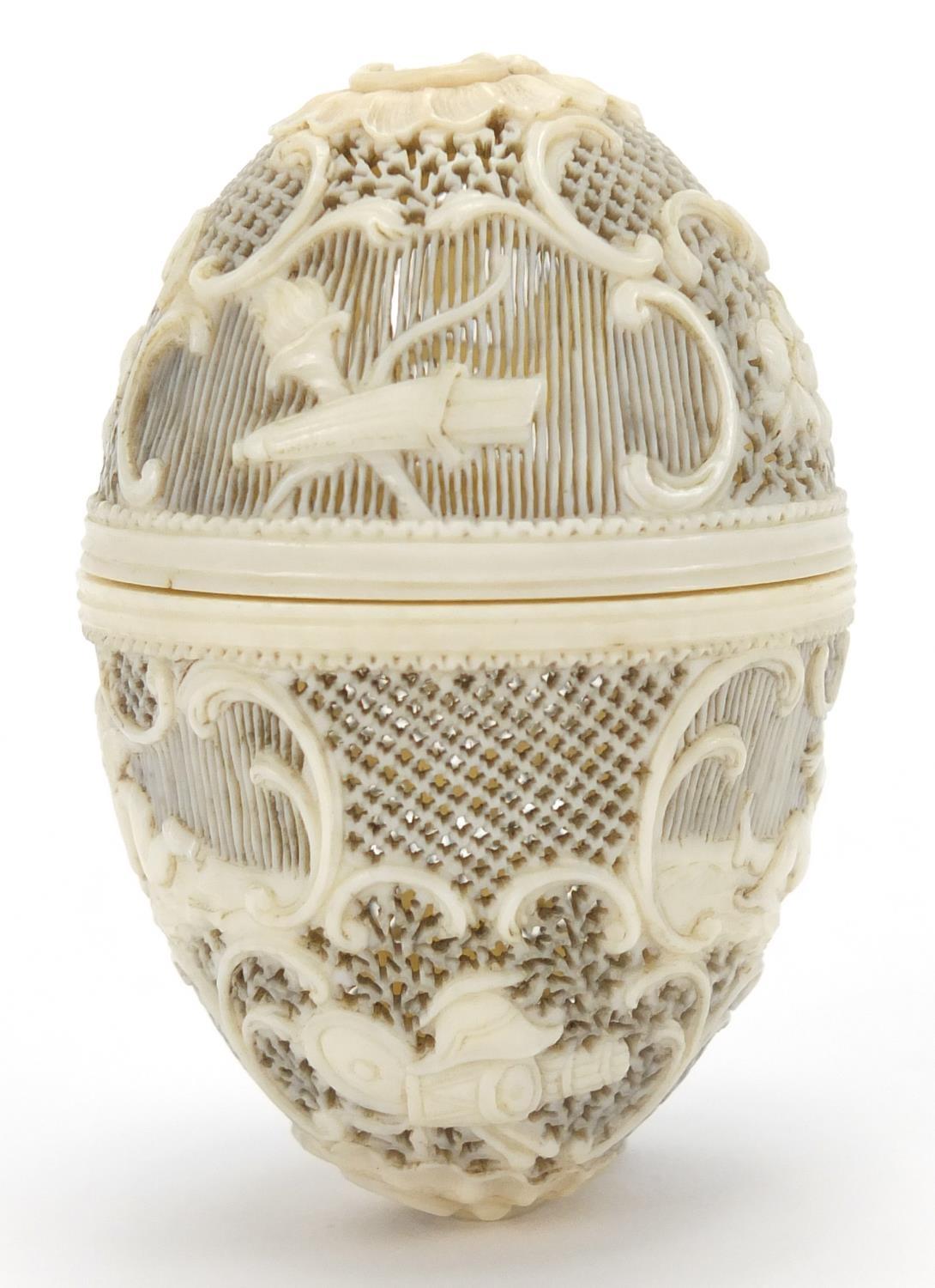 19th century European ivory trinket, finely pierced and carved with Cupids and flowers amongst C - Image 4 of 8